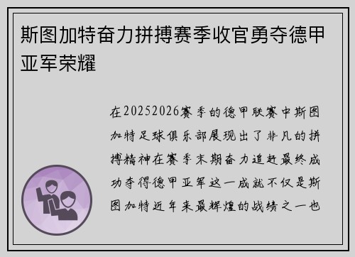 斯图加特奋力拼搏赛季收官勇夺德甲亚军荣耀
